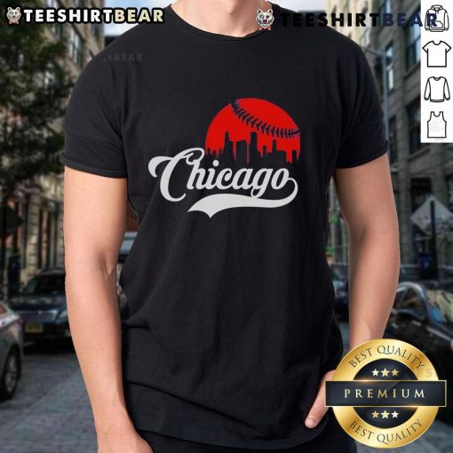 Top Chicago Skyline Baseball T-Shirt featuring a vibrant city skyline design, perfect for Chicago sports fans.