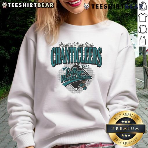 Alt Text: Top Coastal Carolina Baseball 2025 College World Series sweatshirt featuring logo and vibrant design.