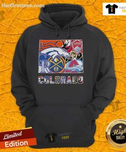 Top Colorado sports team logos on a hoodie: Broncos, Rapids, Rockies, Nuggets, Buffaloes, and Avalanche.