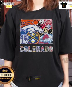 Top Colorado sports team logos: Broncos, Rapids, Rockies, Nuggets, Buffaloes, and Avalanche on a ladies tee.