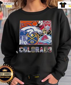 Sweatshirt featuring logos of top Colorado sports teams: Broncos, Rapids, Rockies, Nuggets, Buffaloes, and Avalanche.