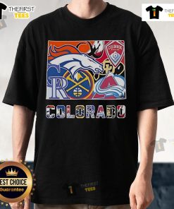 Top Colorado sports team logos on a t-shirt: Broncos, Rapids, Rockies, Nuggets, Buffaloes, and Avalanche.