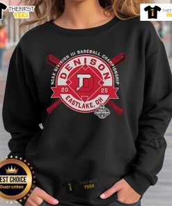 Alt Text: Denison University NCAA Division III Baseball Championship sweatshirt from Eastlake, OH, 2025, featuring team colors and logo.