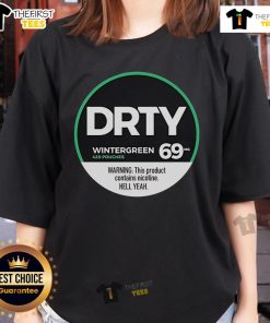 Top Dirty Kid Wintergreen 420 Pouches with nicotine warning on a stylish ladies tee, perfect for casual wear.