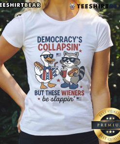 Top Duck and Raccoon Democrat Fourth of July shirt featuring playful graphics and the slogan about democracy's collapse.