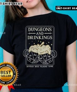 Top Dungeons and Drinkings fantasy role-playing game ladies tee featuring vibrant graphics and comfortable fit.
