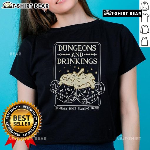Top Dungeons and Drinkings fantasy role-playing game ladies tee featuring vibrant graphics and comfortable fit.