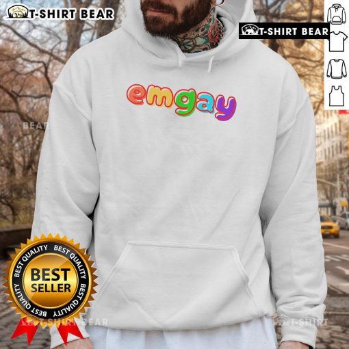 Colorful Top Emgay Rainbow Hoodie displayed on a mannequin, showcasing vibrant stripes and cozy design for LGBTQ+ pride.