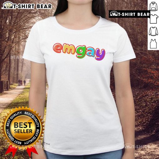 Colorful Top Emgay Rainbow Ladies Tee showcasing vibrant rainbow design for a stylish and inclusive fashion statement.