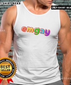 Vibrant Top Emgay rainbow tank top displayed on a hanger, perfect for pride events and summer fashion.