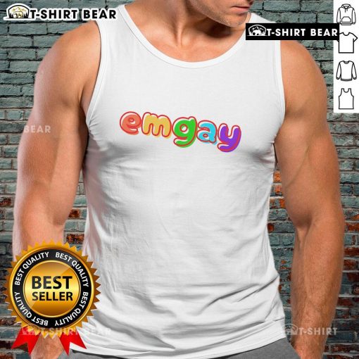 Vibrant Top Emgay rainbow tank top displayed on a hanger, perfect for pride events and summer fashion.