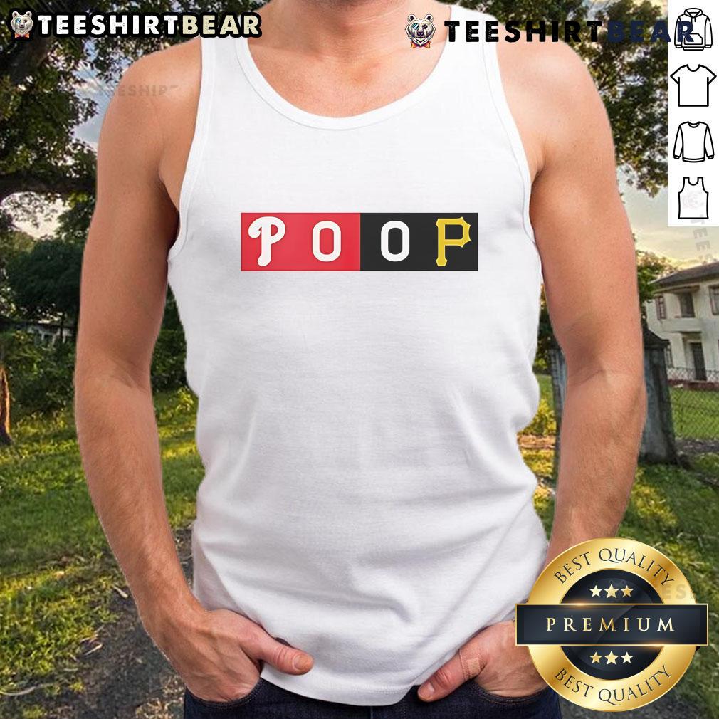 Top Fans Wearing Commemorative Phillies Pirates Poop Tank Top Top fans proudly wearing commemorative Phillies Pirates POOP tank tops at a baseball game, showcasing team spirit.