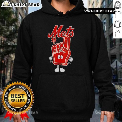 Top foam hand number one finger with New York Mets hoodie, perfect for game day and showcasing team spirit.