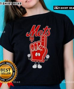 Alt Text: New York Mets ladies tee featuring a top foam hand with number one finger for cheering at games.