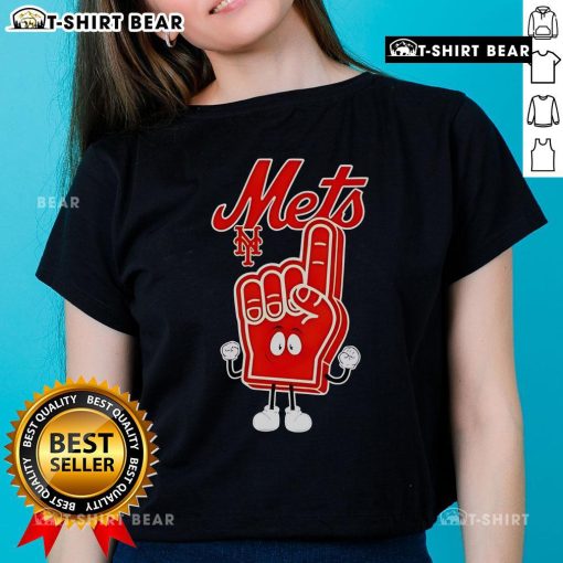 Alt Text: New York Mets ladies tee featuring a top foam hand with number one finger for cheering at games.