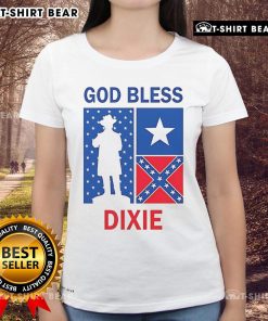 Top God Bless Dixie Southern Soldier Ladies Tee featuring patriotic design and soft fabric for women.