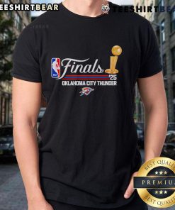 Alt Text: Top Gold Trophy Script Finals Logo 2025 Oklahoma City Thunder T-Shirt featuring vibrant team colors and design.