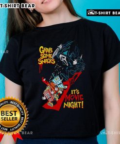 Top Grab Some Snacks It's Movie Night Ladies Tee featuring fun graphics perfect for movie lovers and cozy nights in.