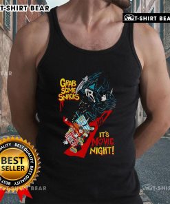 Alt Text: Top Grab Some Snacks It's Movie Night Tank Top featuring a fun design perfect for cozy movie nights.