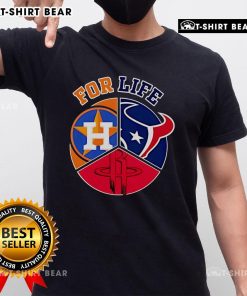 Alt Text: Top Houston Astros Texans and Rockets for Life T-Shirt featuring team logos and vibrant colors, perfect for fans.