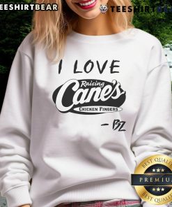 Alt Text: Cozy 'I Love Raising Cane's Chicken Fingers' sweatshirt, perfect for fans of the popular fast-food chain.