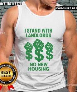 Woman wearing 'Stand With Landlords No New Housing' tank top at a rally, promoting landlord rights and housing issues.