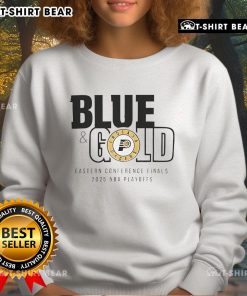 Alt Text: Top Indiana Pacers blue and gold sweatshirt for the 2025 Eastern Conference Finals, showcasing team spirit and style.