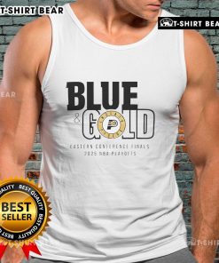 Alt Text: Stylish blue and gold tank top featuring the Top Indiana Pacers logo for the 2025 Eastern Conference Finals.