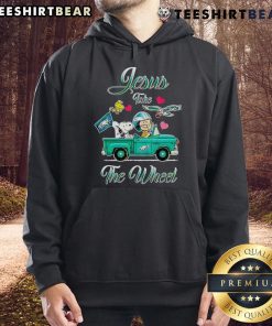 Alt Text: Philadelphia Eagles Snoopy 'Jesus Take The Wheel' hoodie design featuring cartoon Snoopy driving a car.
