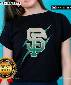 Alt Text: Stylish ladies tee featuring the Top Jurassic World Rebirth San Francisco Giants logo in vibrant colors.