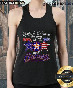 Stylish woman wearing a red, white, and blue Houston Astros tank top, showcasing team spirit and summer fashion.