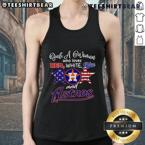 Stylish woman wearing a red, white, and blue Houston Astros tank top, showcasing team spirit and summer fashion.