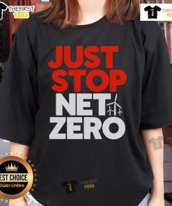 Top-Just-Stop-Net-Zero Ladies Tee featuring eco-friendly design and bold graphics for climate activism.