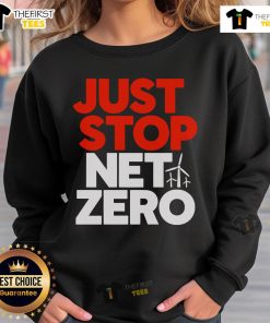 Top Just Stop Net Zero Sweatshirt in navy blue, featuring bold text design promoting climate awareness and sustainability.