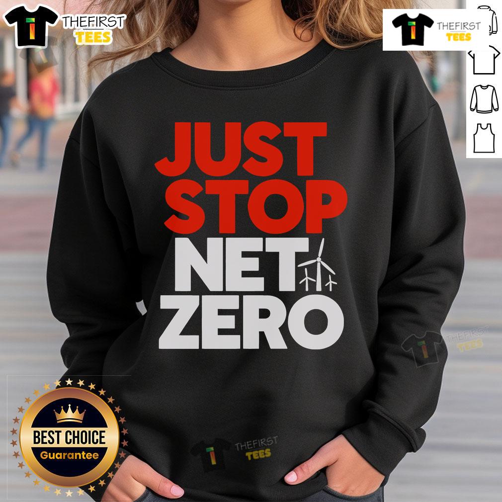 Top Just Stop Net Zero Sweatshirt Top Just Stop Net Zero Sweatshirt in navy blue, featuring bold text design promoting climate awareness and sustainability.