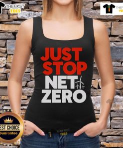 Stylish 'Just Stop Net Zero' tank top in black, promoting climate awareness and sustainability in fashion.