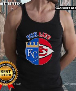 Alt Text: Top Kansas City Chiefs and Royals For Life tank top featuring team logos and vibrant colors, perfect for fans.