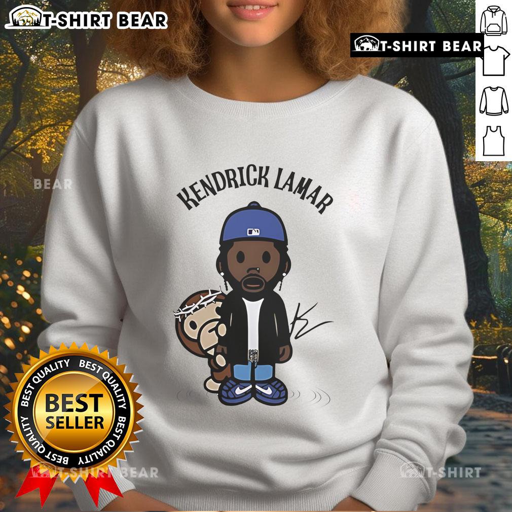 Top Kendrick Lamar With Monkey Chibi Sweatshirt Top Kendrick Lamar wearing a colorful monkey chibi sweatshirt, showcasing a unique streetwear style.