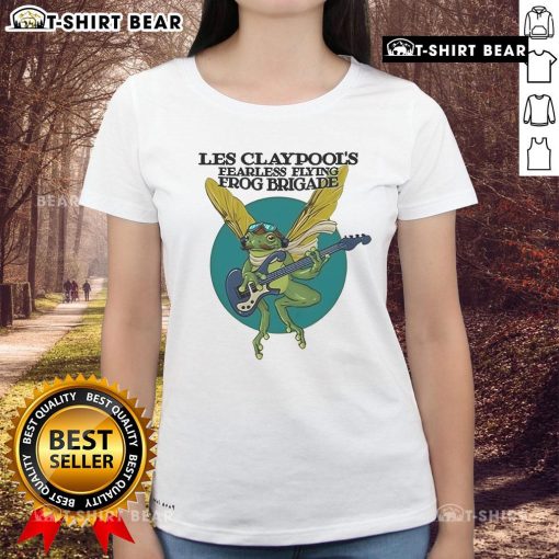 Top Les Claypool's Fearless Flying Frog Brigade Summer of Green ladies tee featuring vibrant frog artwork.