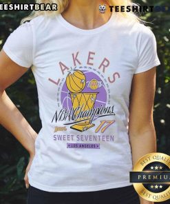 Ladies tee celebrating the Los Angeles Lakers' Sweet Seventeen NBA Champions victory, featuring vibrant team colors.