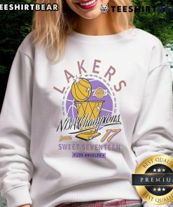 Top Los Angeles Lakers NBA Champions Sweet Seventeen sweatshirt featuring bold team colors and logo design.