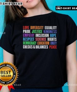 Womens tee featuring 'Love, Diversity, Equality, Pride' design symbolizing kindness, empathy, and human rights.