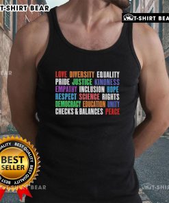 Colorful tank top featuring words like Love, Equality, and Justice, promoting diversity and human rights pride.
