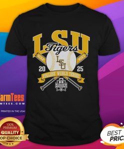 Alt Text: Top LSU Tigers College World Series 2025 baseball T-shirt featuring vibrant team colors and logo design.