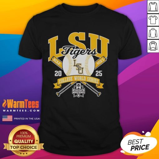 Alt Text: Top LSU Tigers College World Series 2025 baseball T-shirt featuring vibrant team colors and logo design.