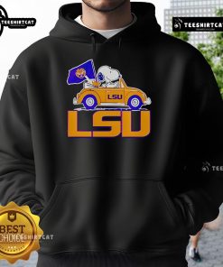 Alt Text: Top LSU Tigers Snoopy Go By Car hoodie featuring playful Snoopy design and vibrant LSU colors, perfect for fans.