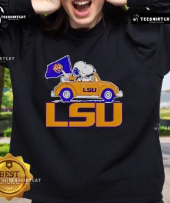 Cozy LSU Tigers Snoopy Go By Car sweatshirt featuring vibrant graphics, perfect for game day and casual wear.