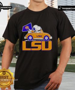 Alt Text: Top LSU Tigers Snoopy Go By Car T-Shirt featuring a playful Snoopy driving, perfect for LSU fans.