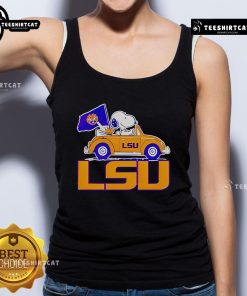 LSU Tigers Snoopy Go By Car tank top featuring playful design, perfect for game day or casual wear.