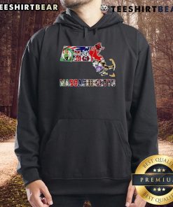 Top Massachusetts Sports Map Hoodie showcasing iconic sports teams and landmarks in vibrant colors.